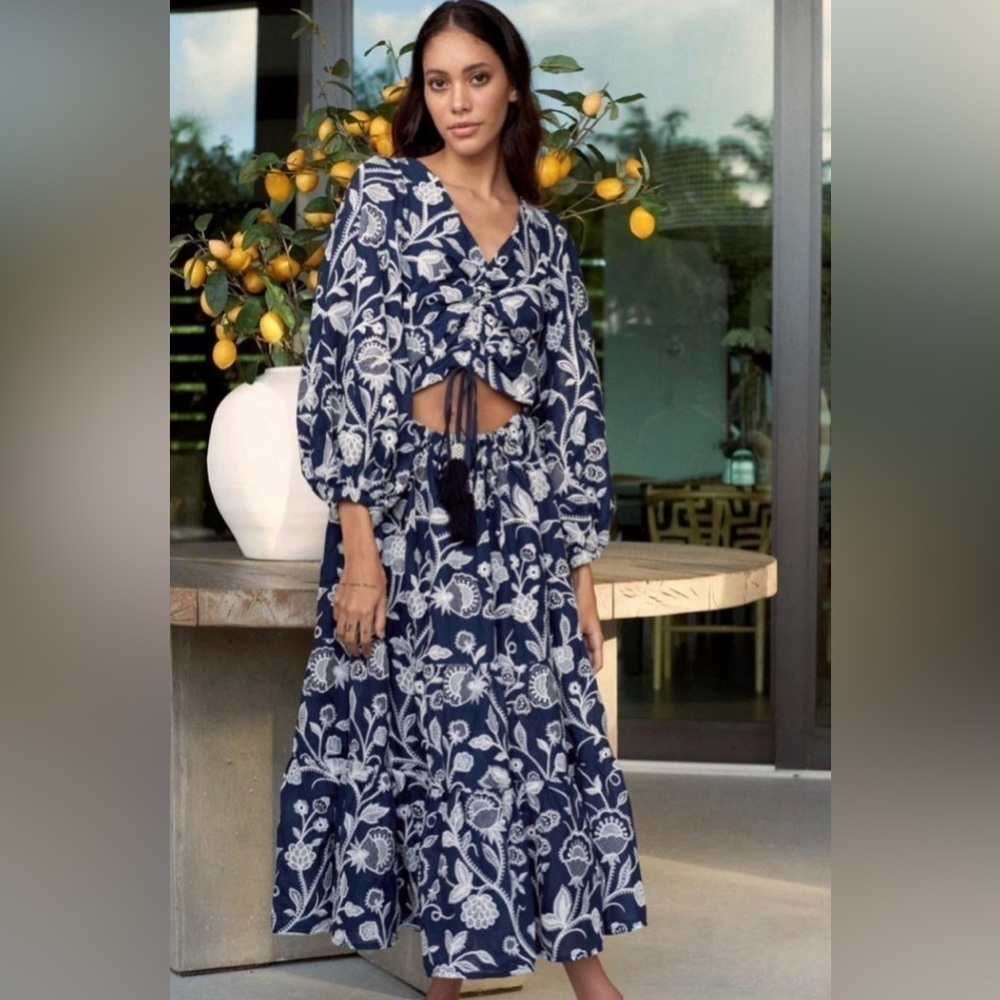 WAIMARI's 'Emanuelle' navy embroidered midi dress NWT